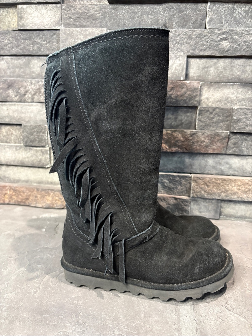 Bearpaw Black Suede Boots with Fringe